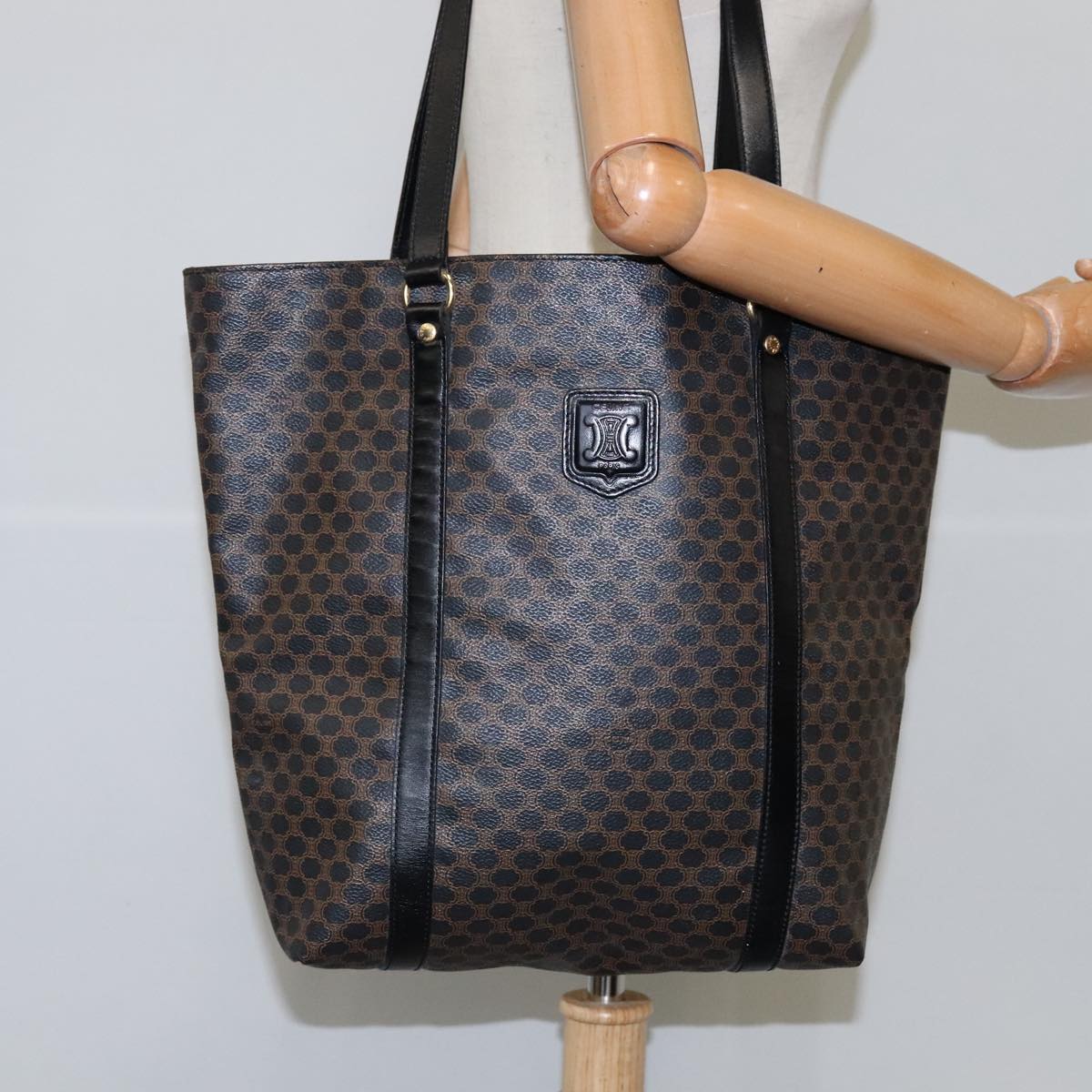 CELINE マカダムキャンバス トートバッグ PVCレザー ブラック ゴールド