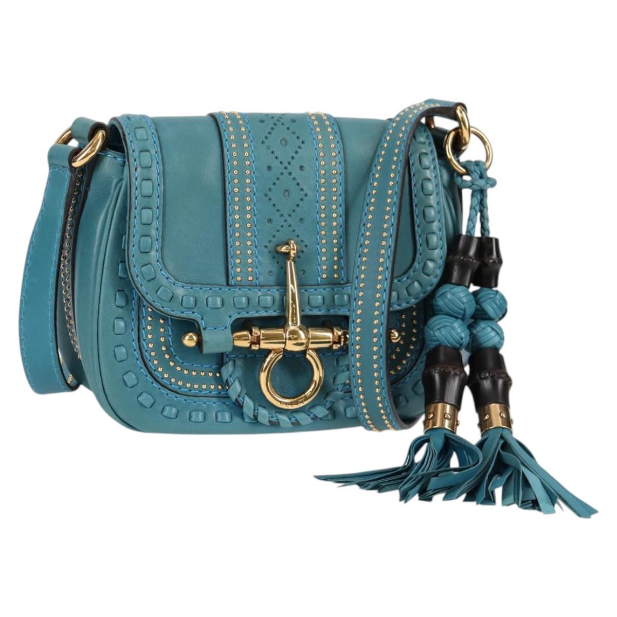 GUCCI バンブー ショルダーバッグ レザー ブルー ゴールド 263956 正規