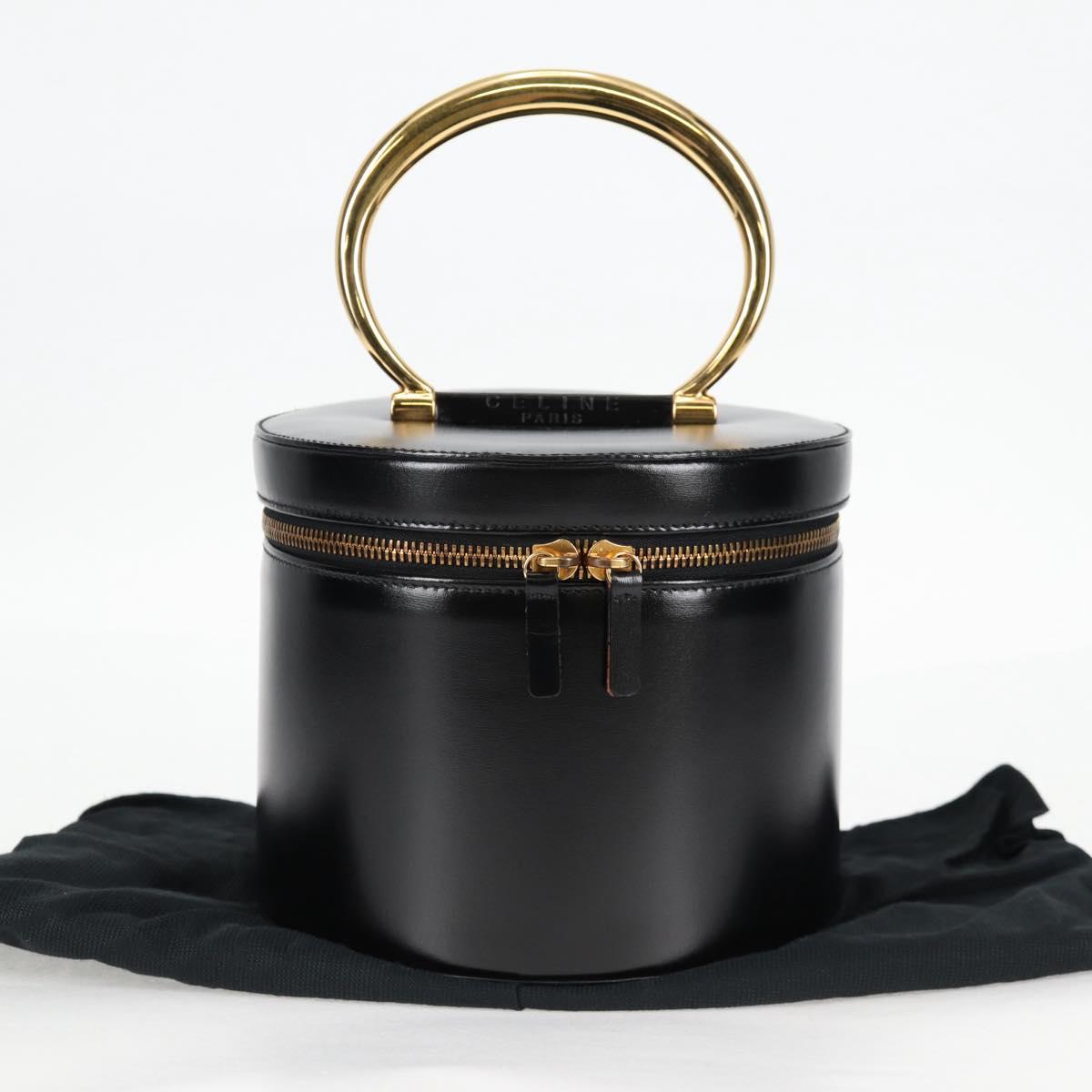 CELINE Vanity Cosmetic Pouch Leather Black Gold Auth 125415V
