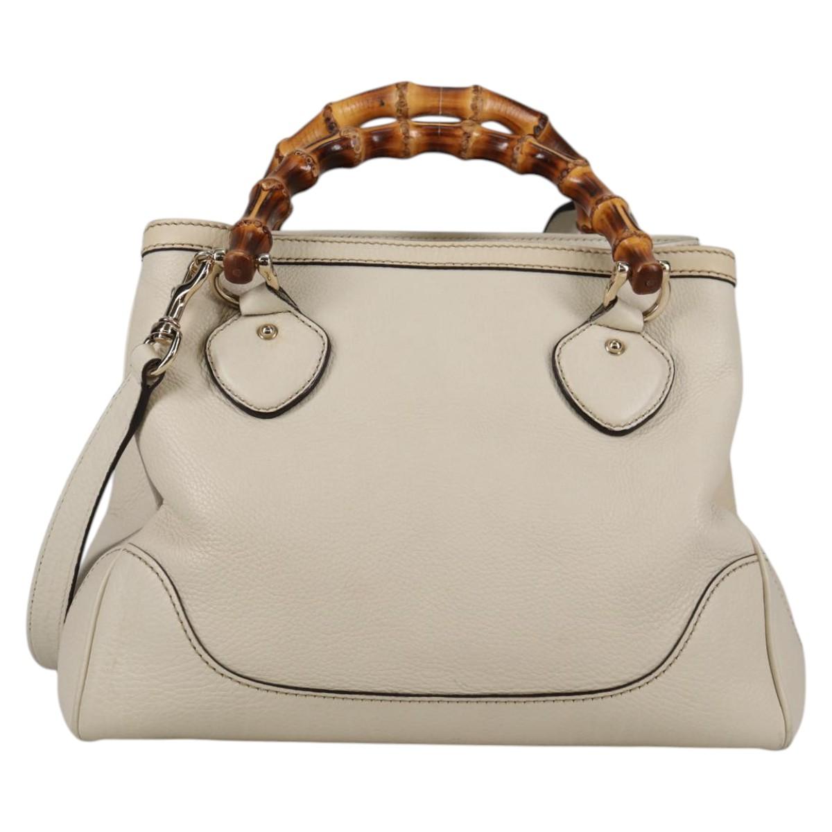 GUCCI Bamboo Hand Bag Leather 2way White Gold 308360 Auth 135217V