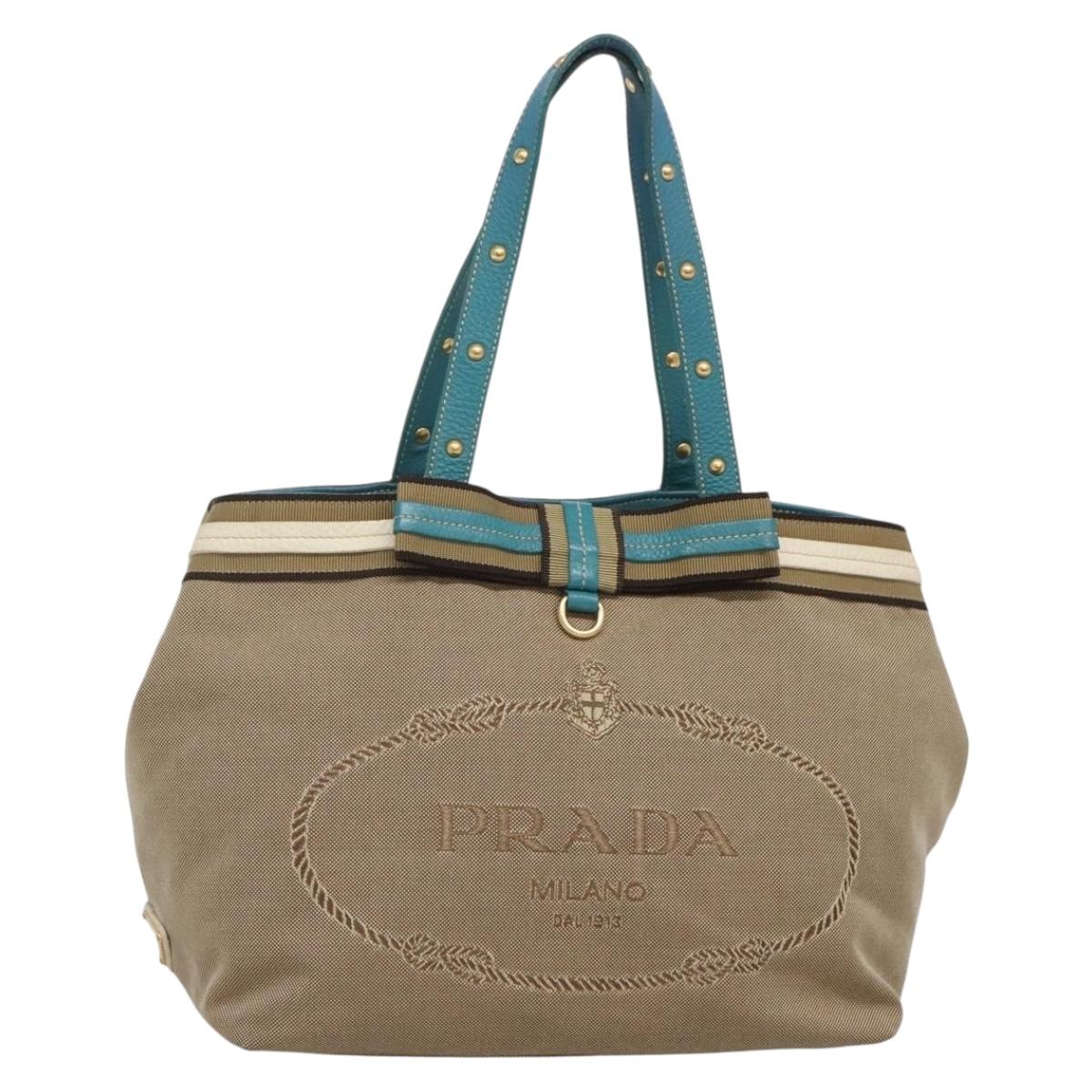 PRADA スタッズ トートバッグ キャンバス レザー ベージュ ゴールド