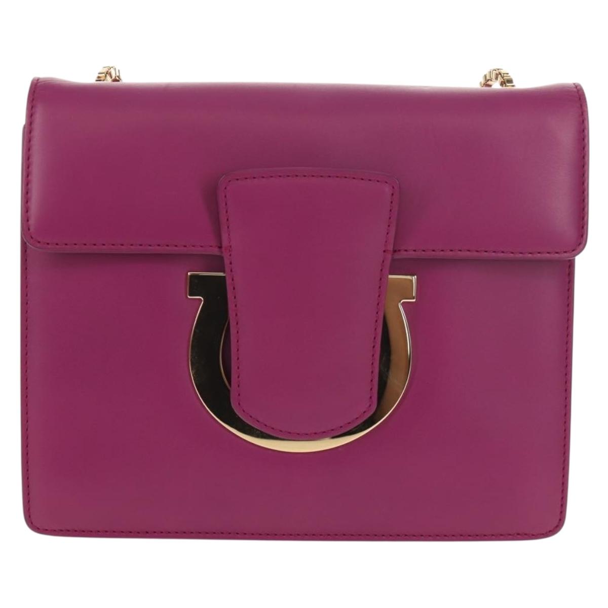 Salvatore Ferragamo Chain Shoulder Bag Leather Purple Gold Auth