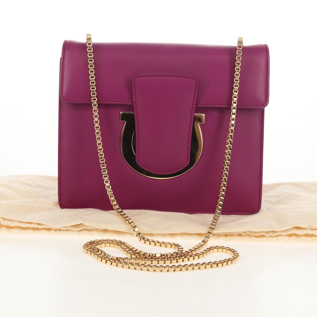 Salvatore Ferragamo Chain Shoulder Bag Leather Purple Gold Auth
