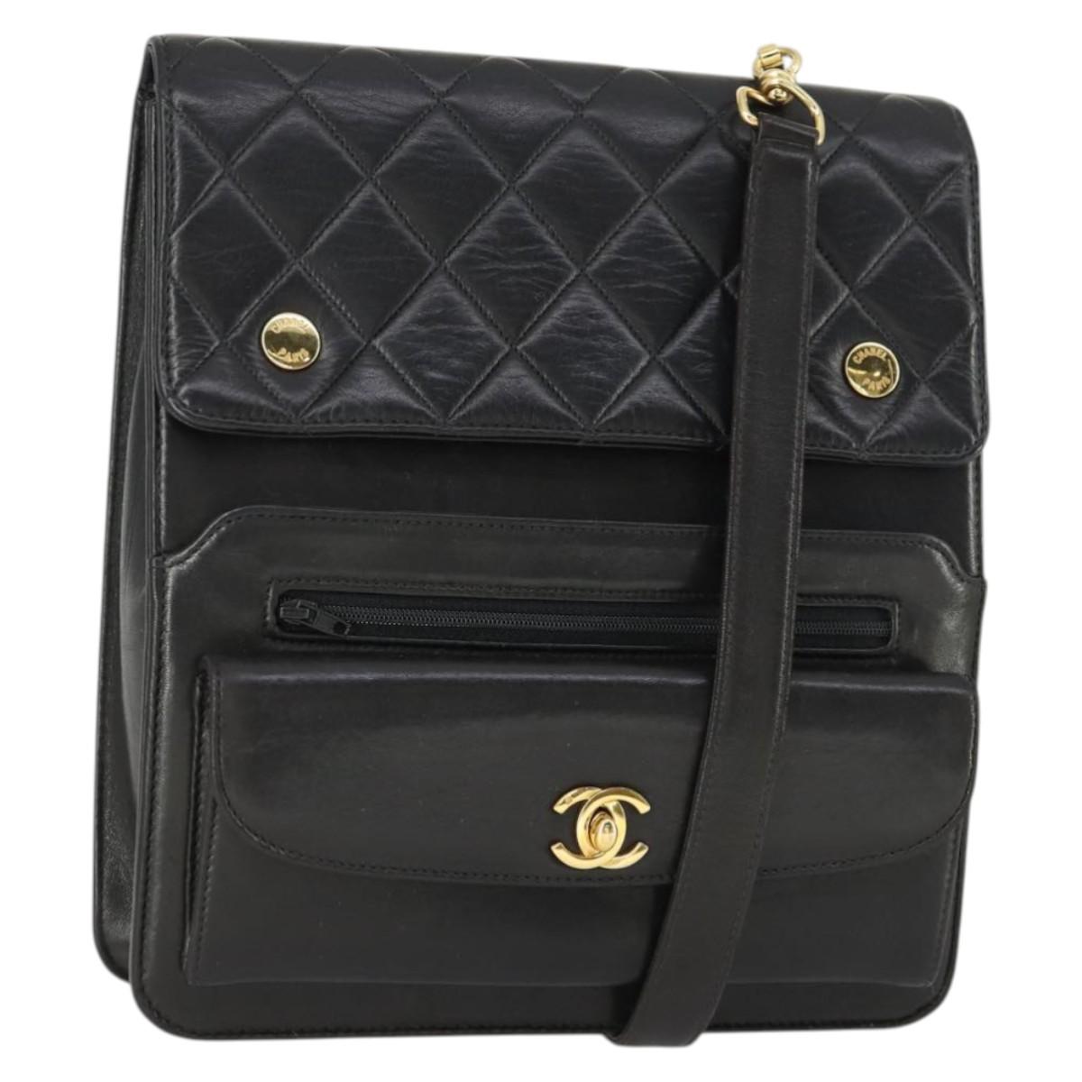 CHANEL Matelasse Chain Shoulder Bag Lamb Skin Black Gold CC Auth