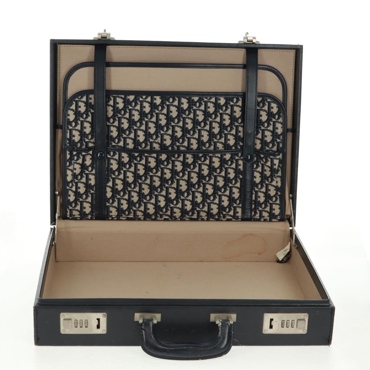 Christian Dior Attache Case Trotter Canvas Trunk Navy Silver Auth