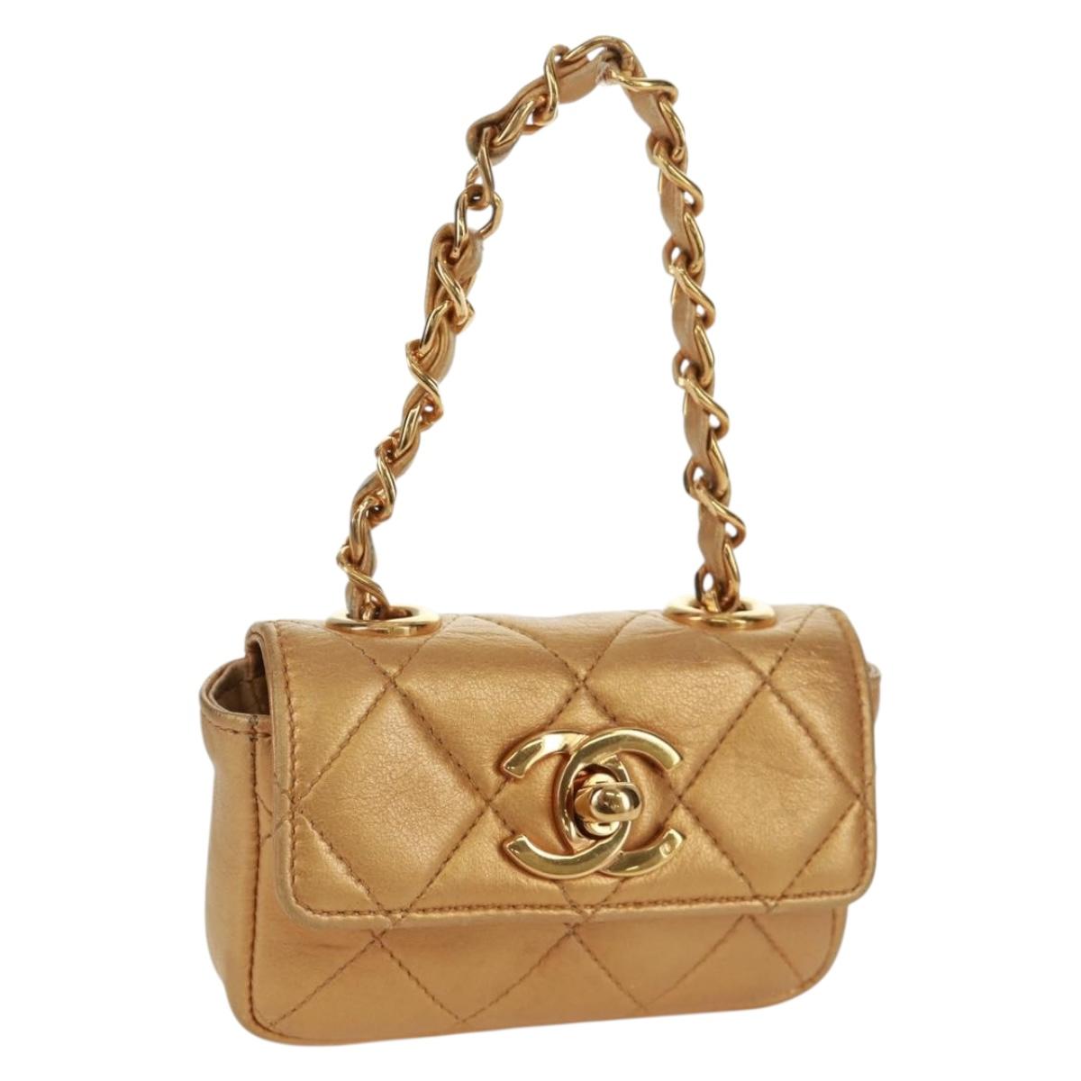 CHANEL Mini Matelasse 10 Chain Handle Pouch Lamb Skin Gold CC Auth