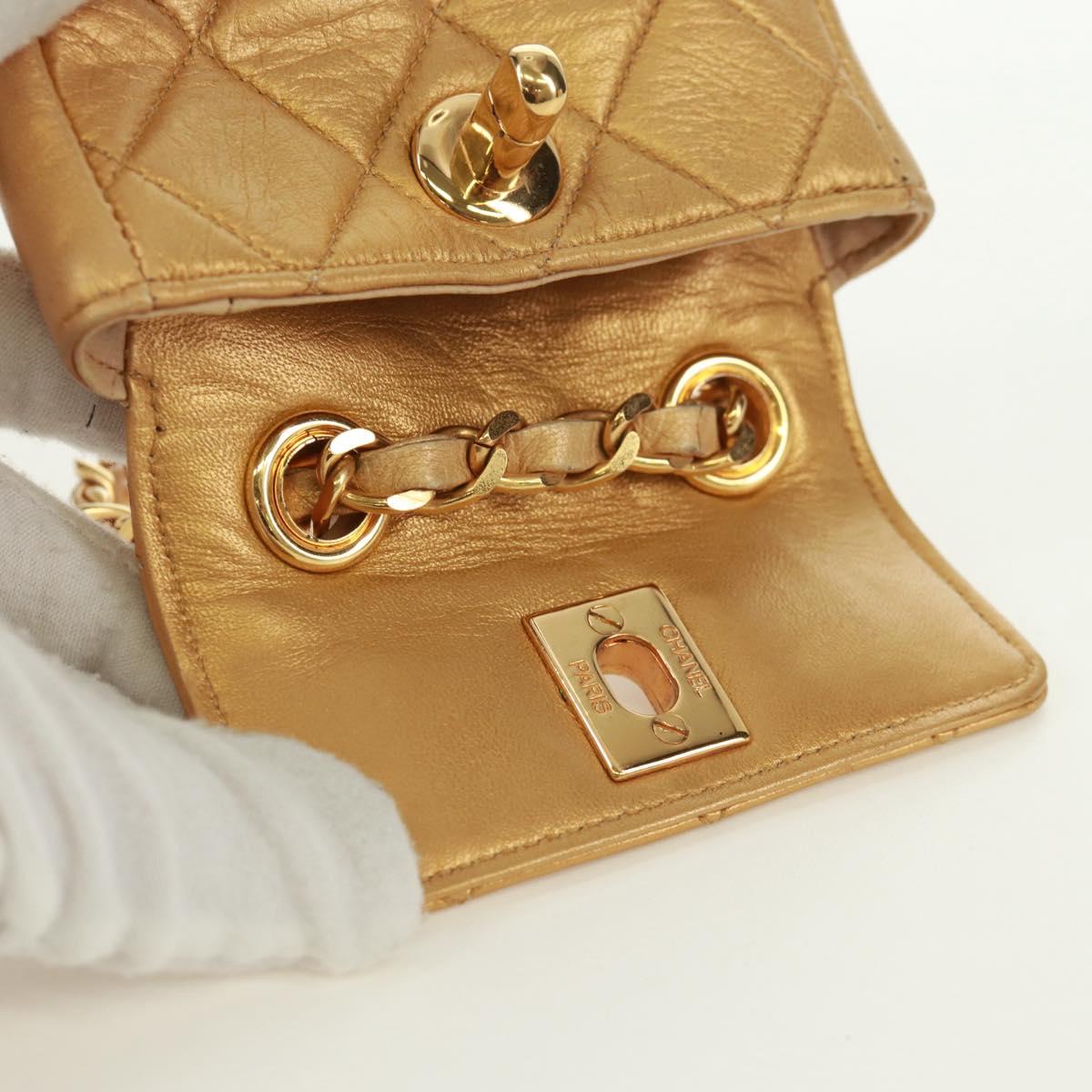 CHANEL Mini Matelasse 10 Chain Handle Pouch Lamb Skin Gold CC Auth