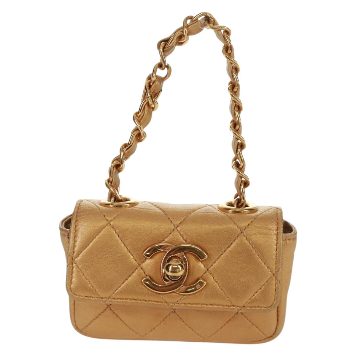 CHANEL Mini Matelasse 10 Chain Handle Pouch Lamb Skin Gold CC Auth