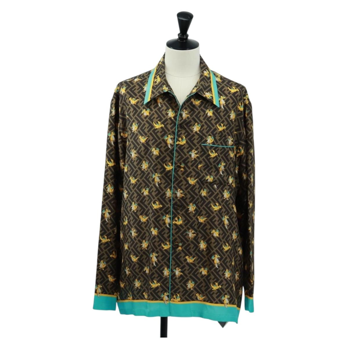 FENDI Zucca Canvas Dragonite Shirt Silk Brown Black FS1262 Auth