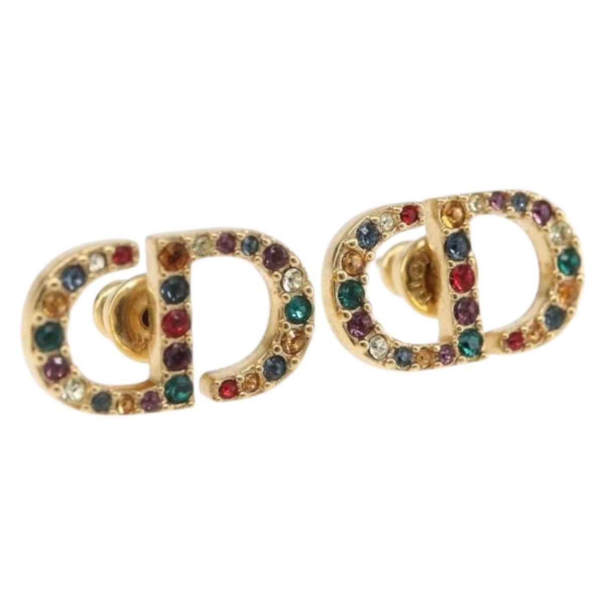 Christian Dior Rhinestone Pierce Earring metal Gold Tone Auth