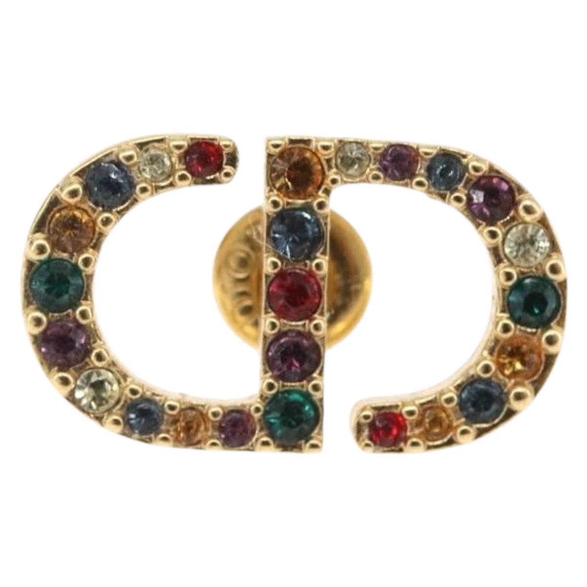 Christian Dior Rhinestone Pierce Earring metal Gold Tone Auth