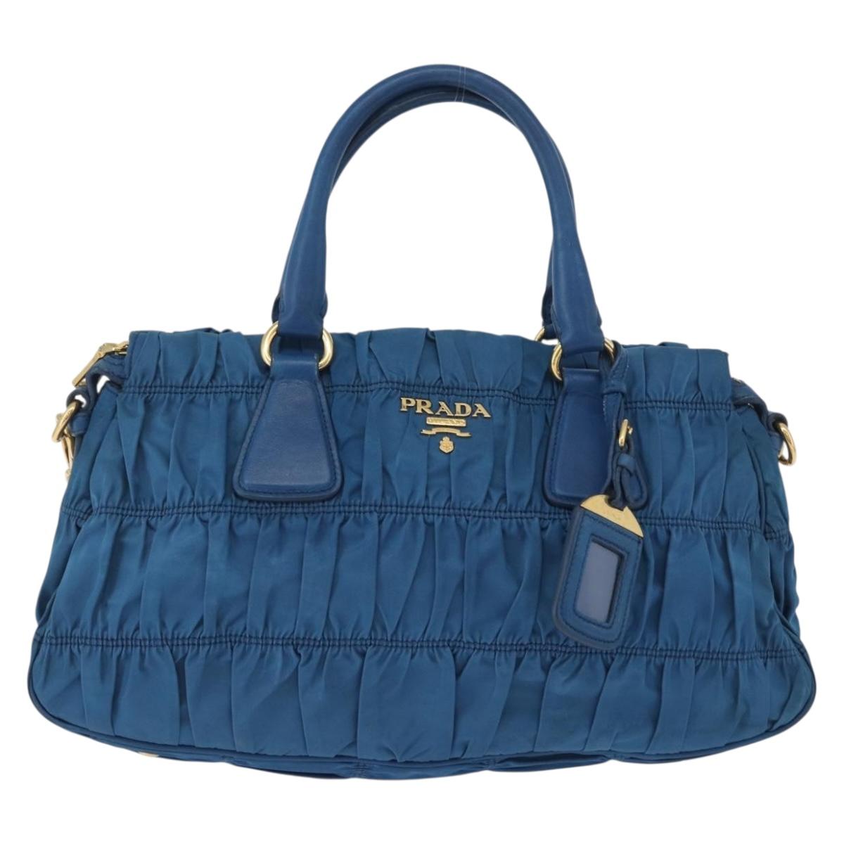 PRADA ギャザー ハンドバッグ ナイロン 2way ブルー ゴールド Auth