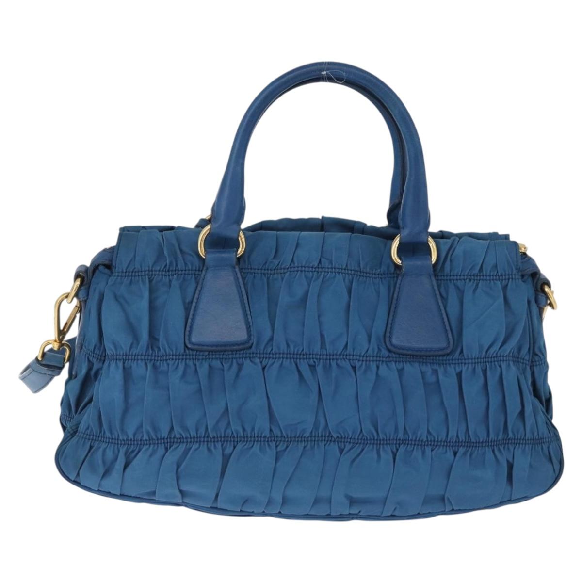 PRADA ギャザー ハンドバッグ ナイロン 2way ブルー ゴールド Auth