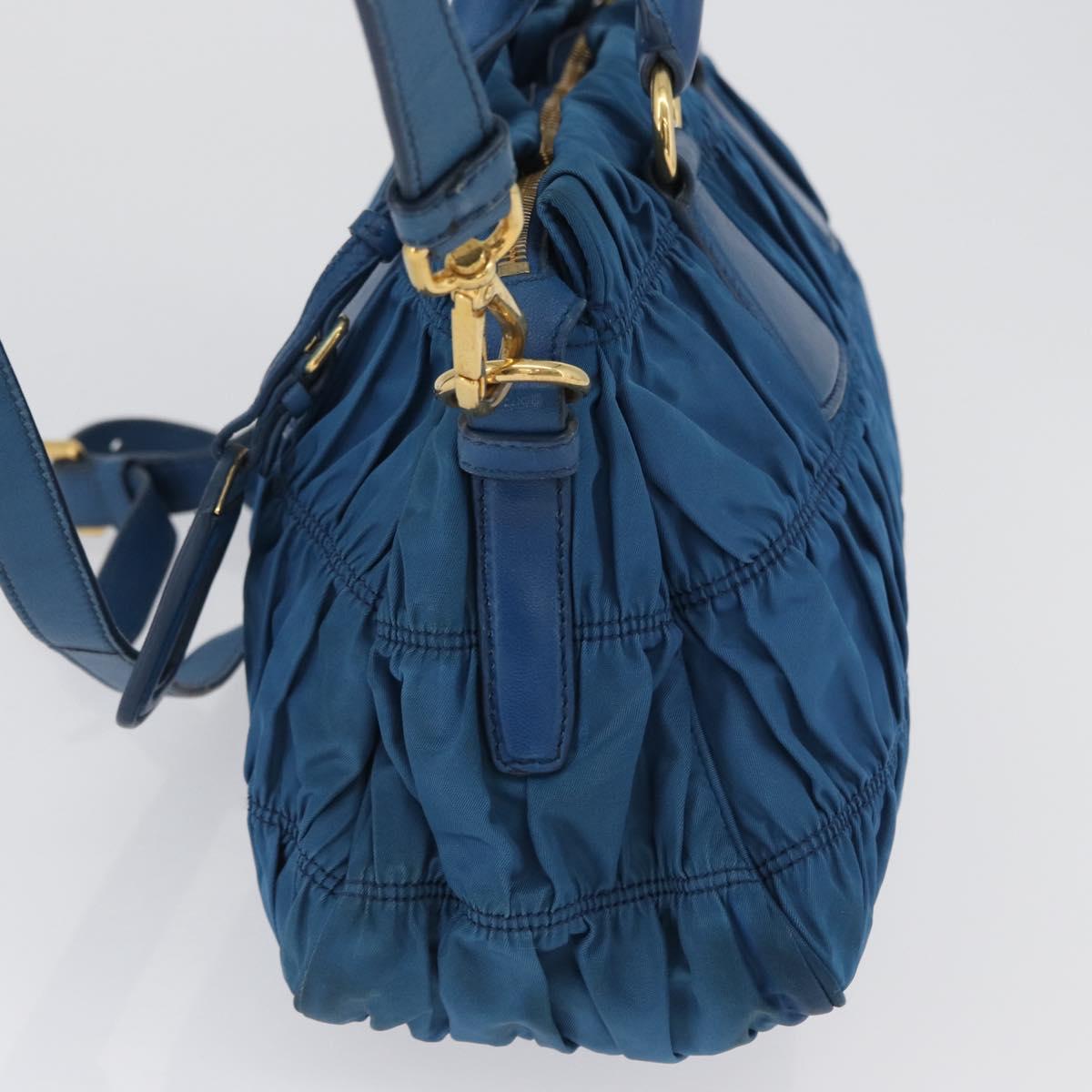 PRADA ギャザー ハンドバッグ ナイロン 2way ブルー ゴールド Auth
