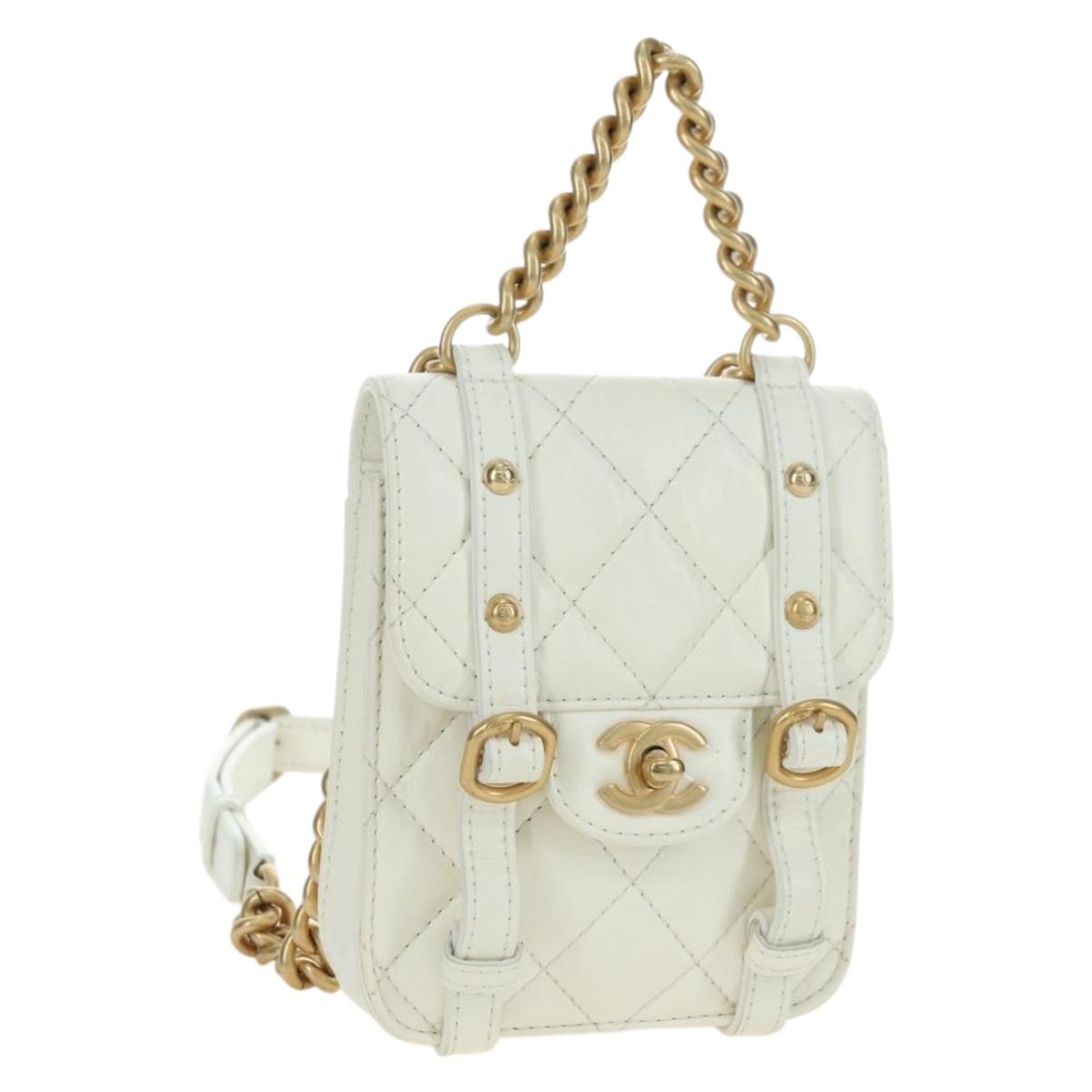CHANEL Matelasse Chain Shoulder Bag Leather 2way White Gold CC