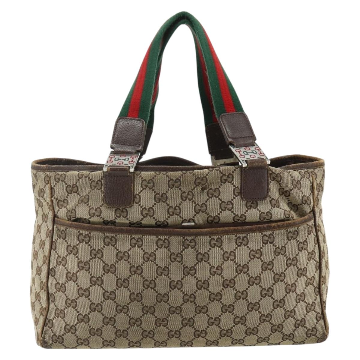 GUCCI GG Canvas Web Sherry Line Hand Bag Beige Silver 145758 Auth