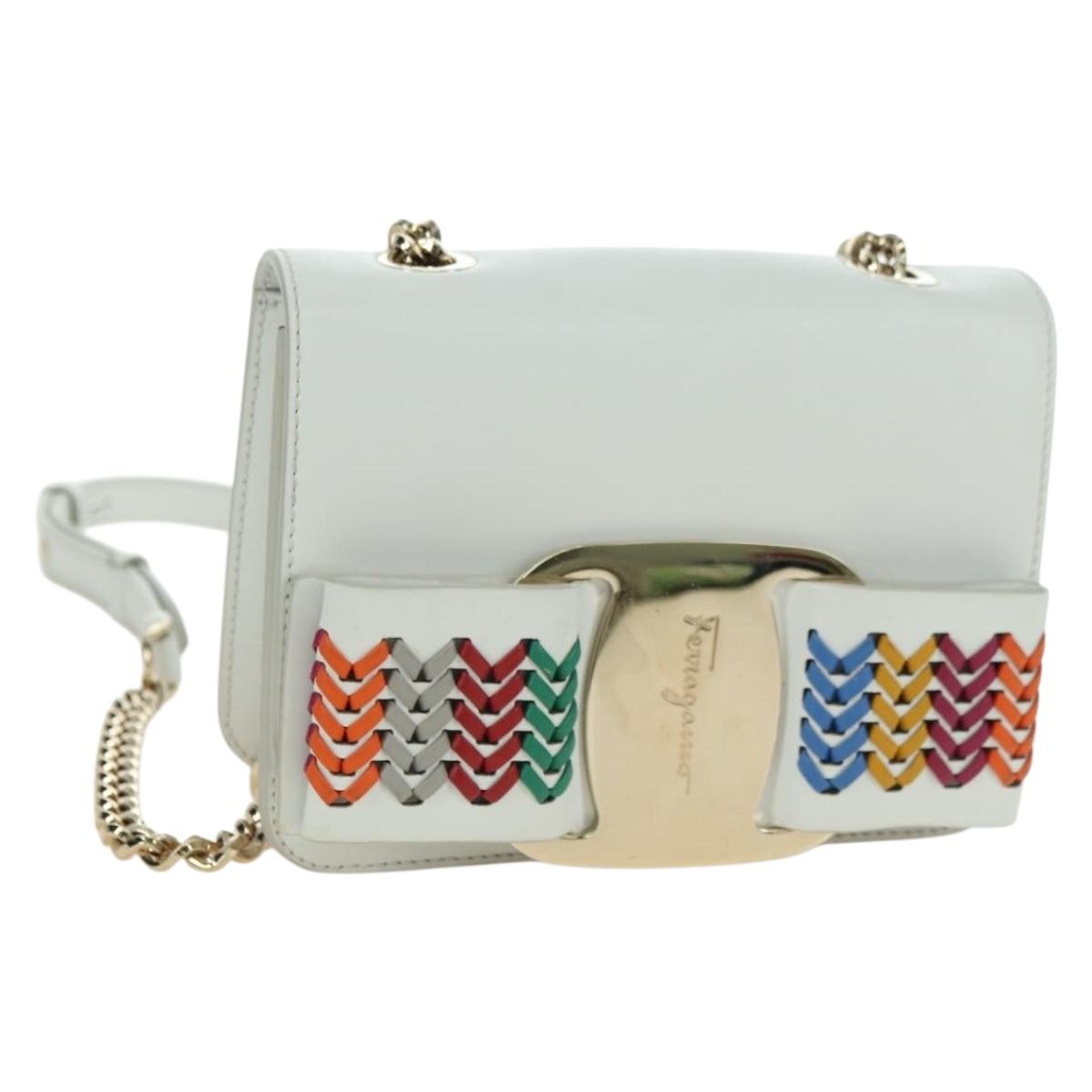 Salvatore Ferragamo Chain Vala Shoulder Bag Leather White Gold