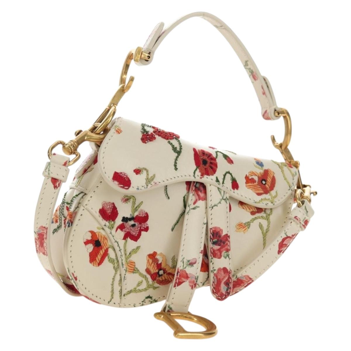 Christian Dior Saddle Shoulder Bag Leather 2way White Gold Auth