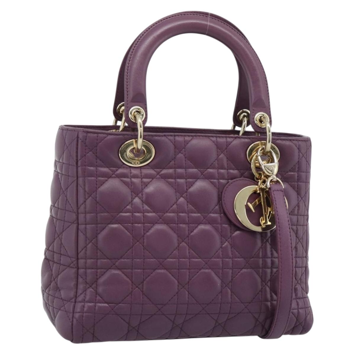 Christian Dior Canage Lady Dior Hand Bag Lamb Skin 2way Purple