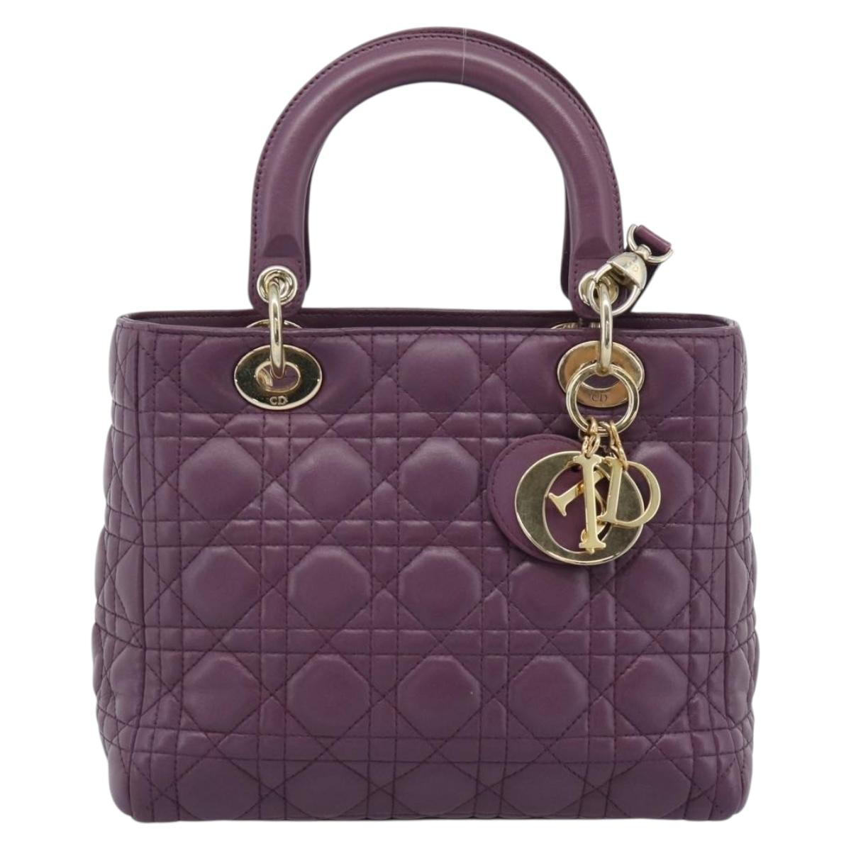 Christian Dior Canage Lady Dior Hand Bag Lamb Skin 2way Purple