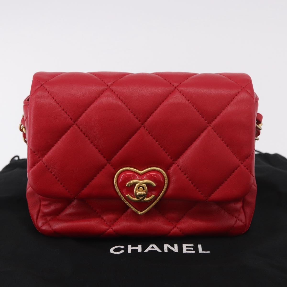 CHANEL Mini Matelasse 17 Chain Shoulder Bag Lamb Skin Red Gold CC