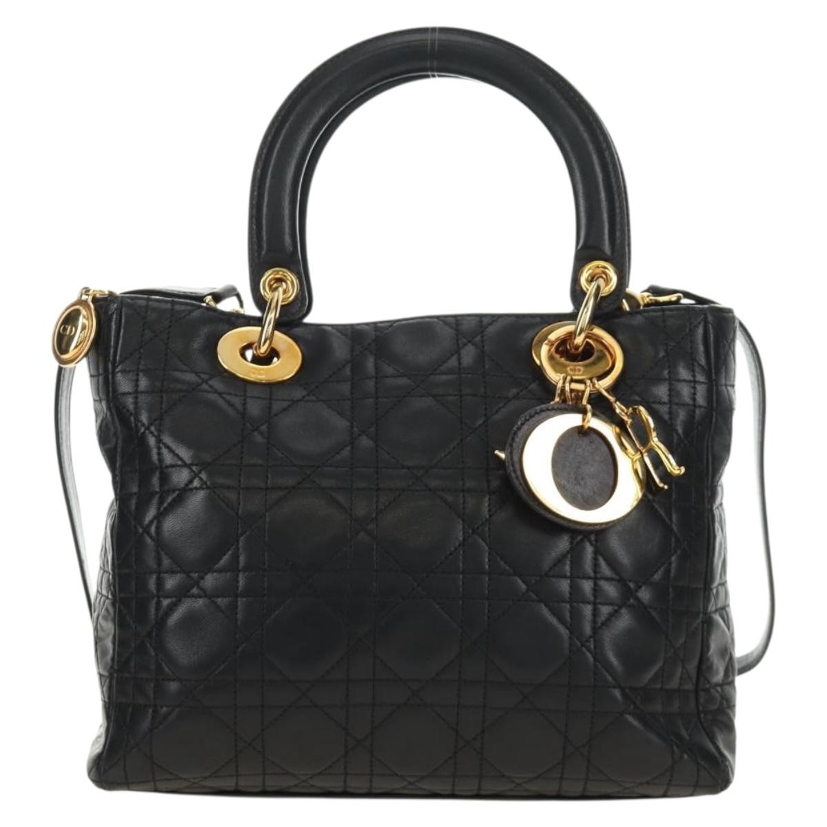 Christian Dior Lady Dior Canage Bag Lamb Skin 2way Black Gold Auth