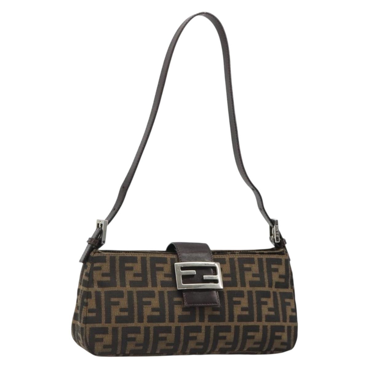 FENDI Zucca Canvas Mamma Baguette Shoulder Bag Black Brown Auth