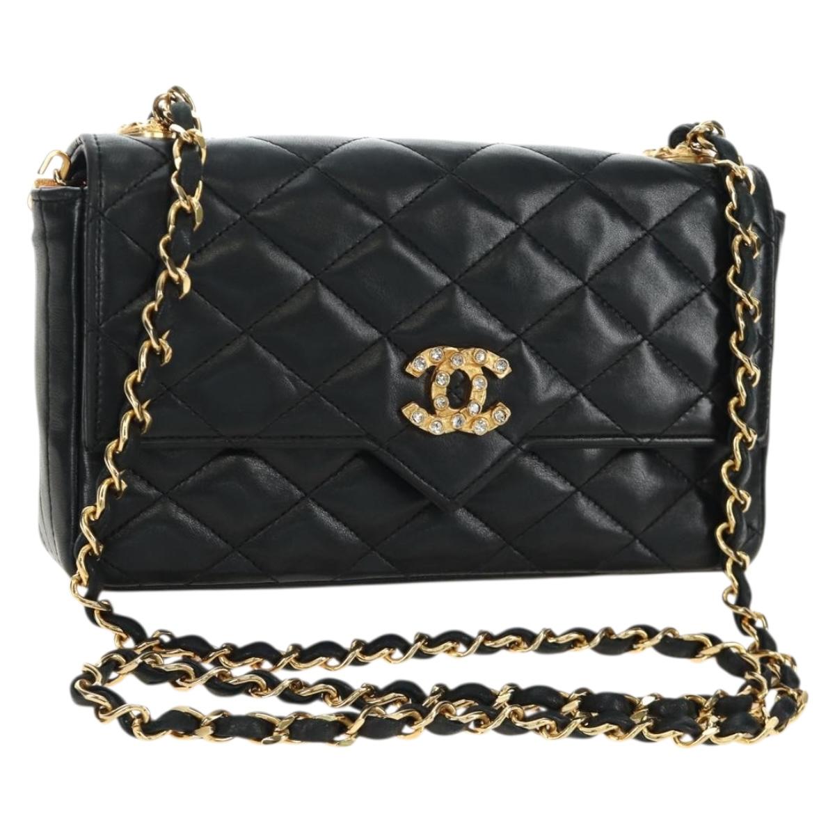 CHANEL Chain Matelasse Shoulder Bag Lamb Skin Black Gold CC Auth
