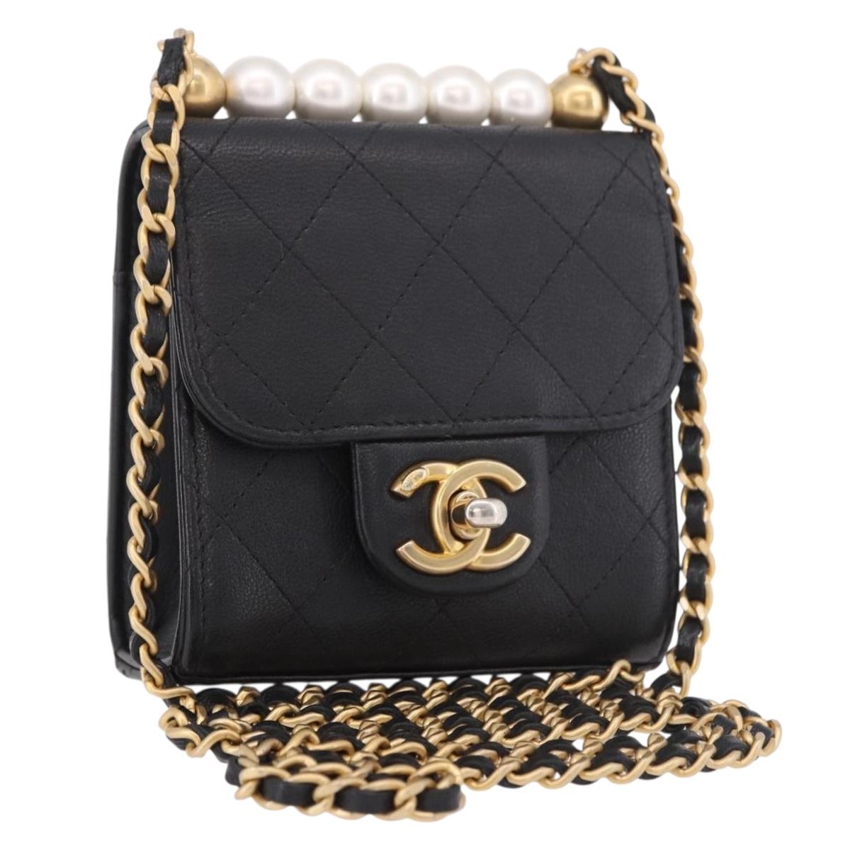 CHANEL Matelasse Chain Shoulder Bag Lamb Skin Black Gold CC Auth