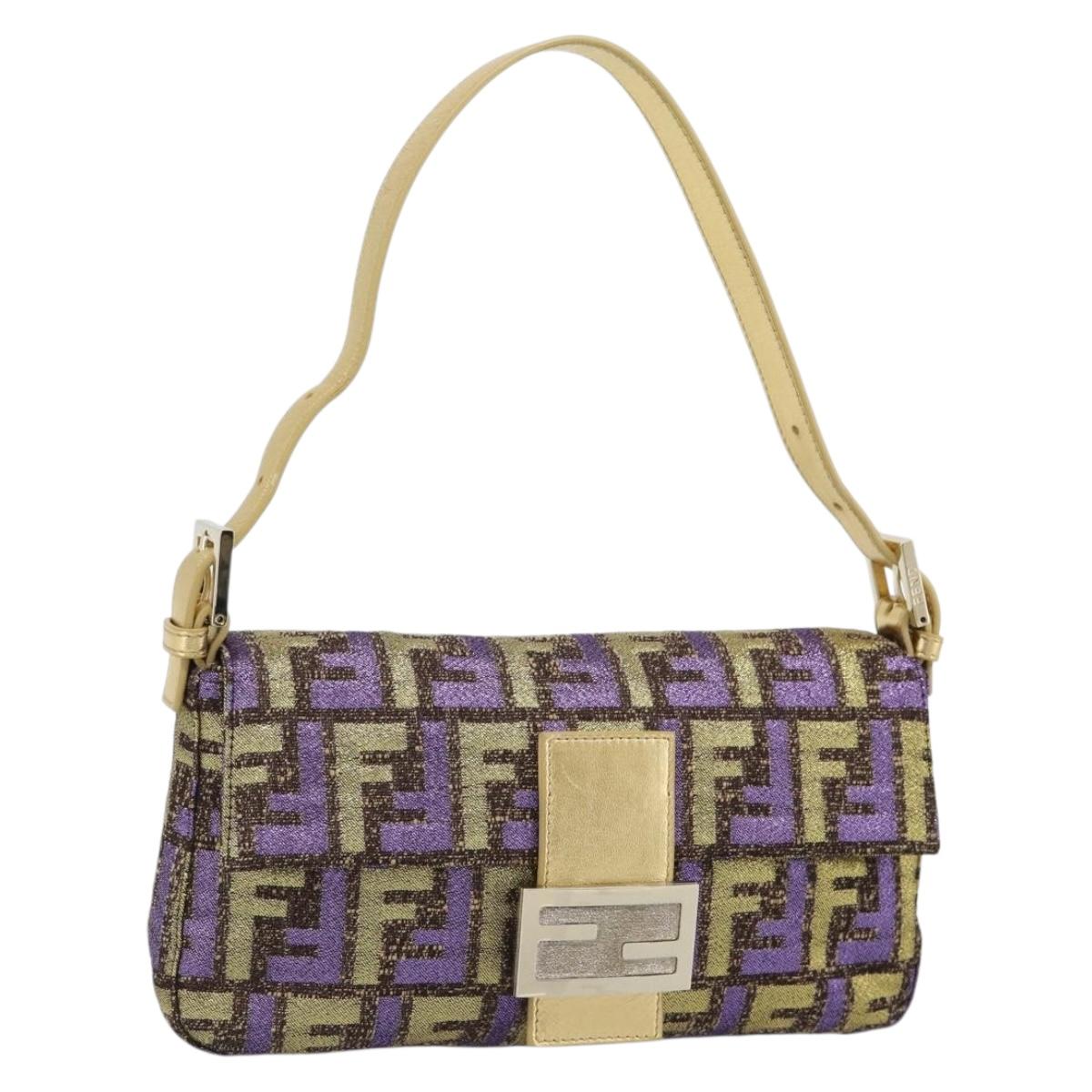 FENDI メタリック　ズッキーノショルダーバッグ ゴールド　パープル FENDI Zucca Canvas Mamma Baguette Shoulder Bag Purple Gold Auth