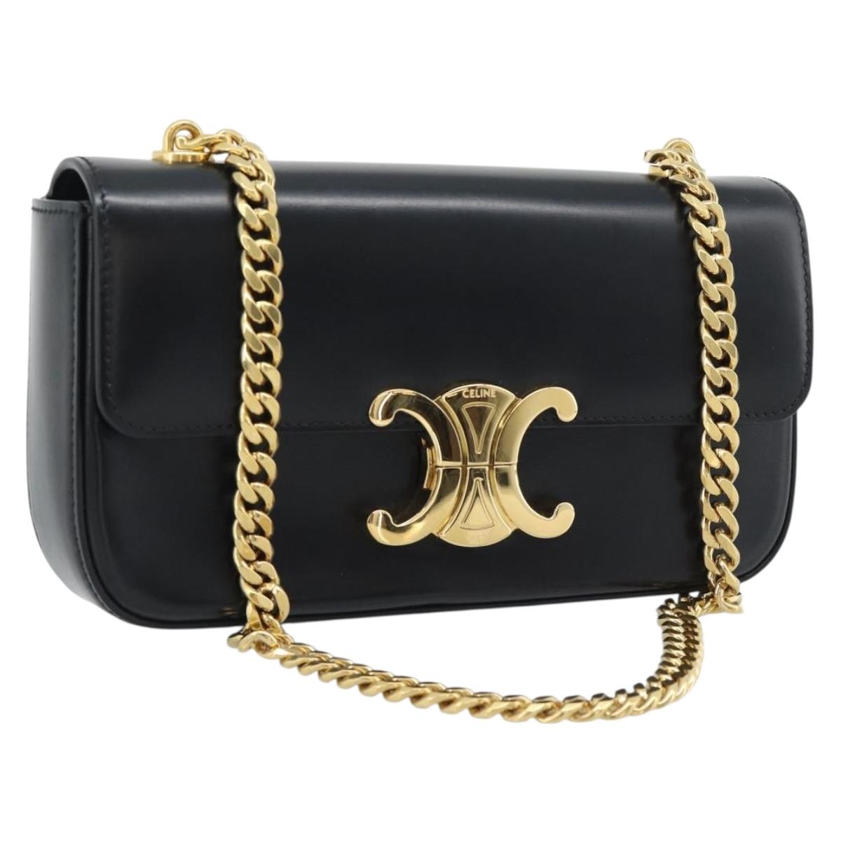 CELINE Triomphe Claude Chain Shoulder Bag Leather Black Gold Auth