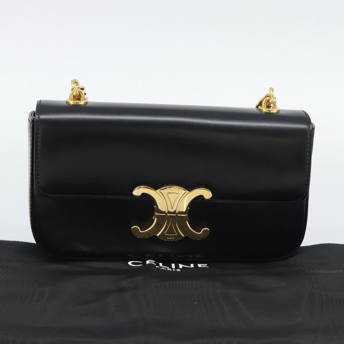 CELINE Triomphe Claude Chain Shoulder Bag Leather Black Gold Auth