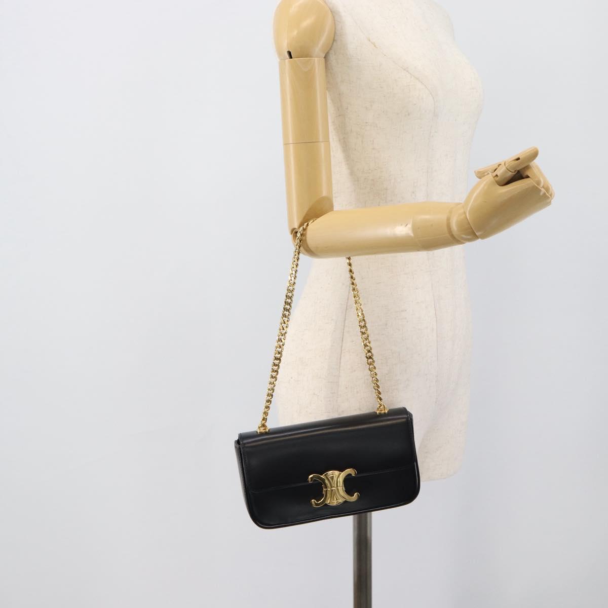 CELINE Triomphe Claude Chain Shoulder Bag Leather Black Gold Auth