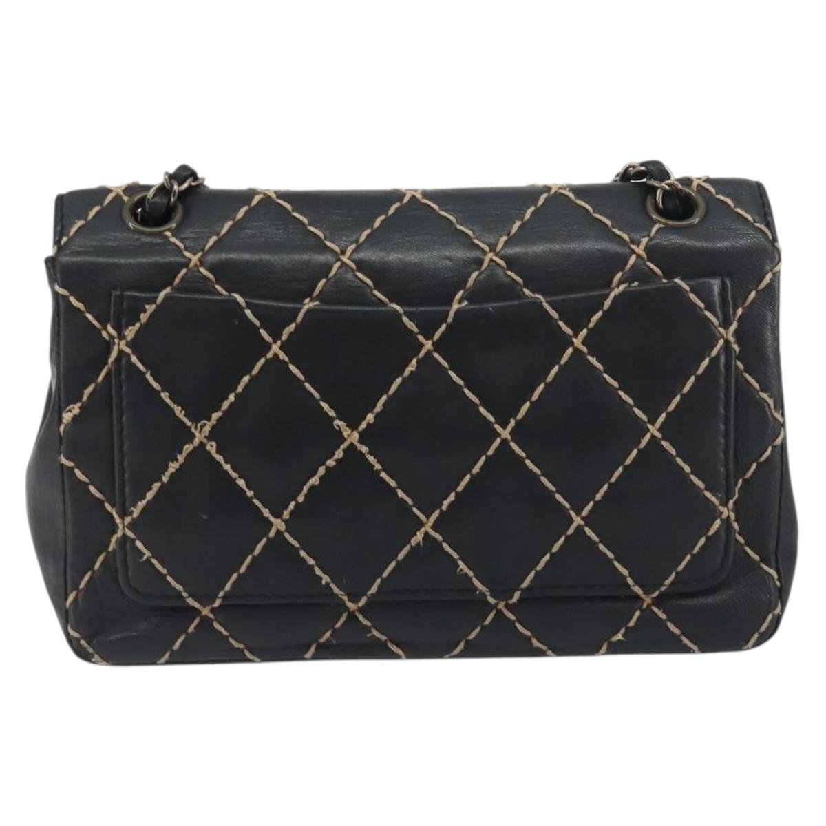 CHANEL Wild Stitch Chain Shoulder Bag Leather Black Gold CC Auth