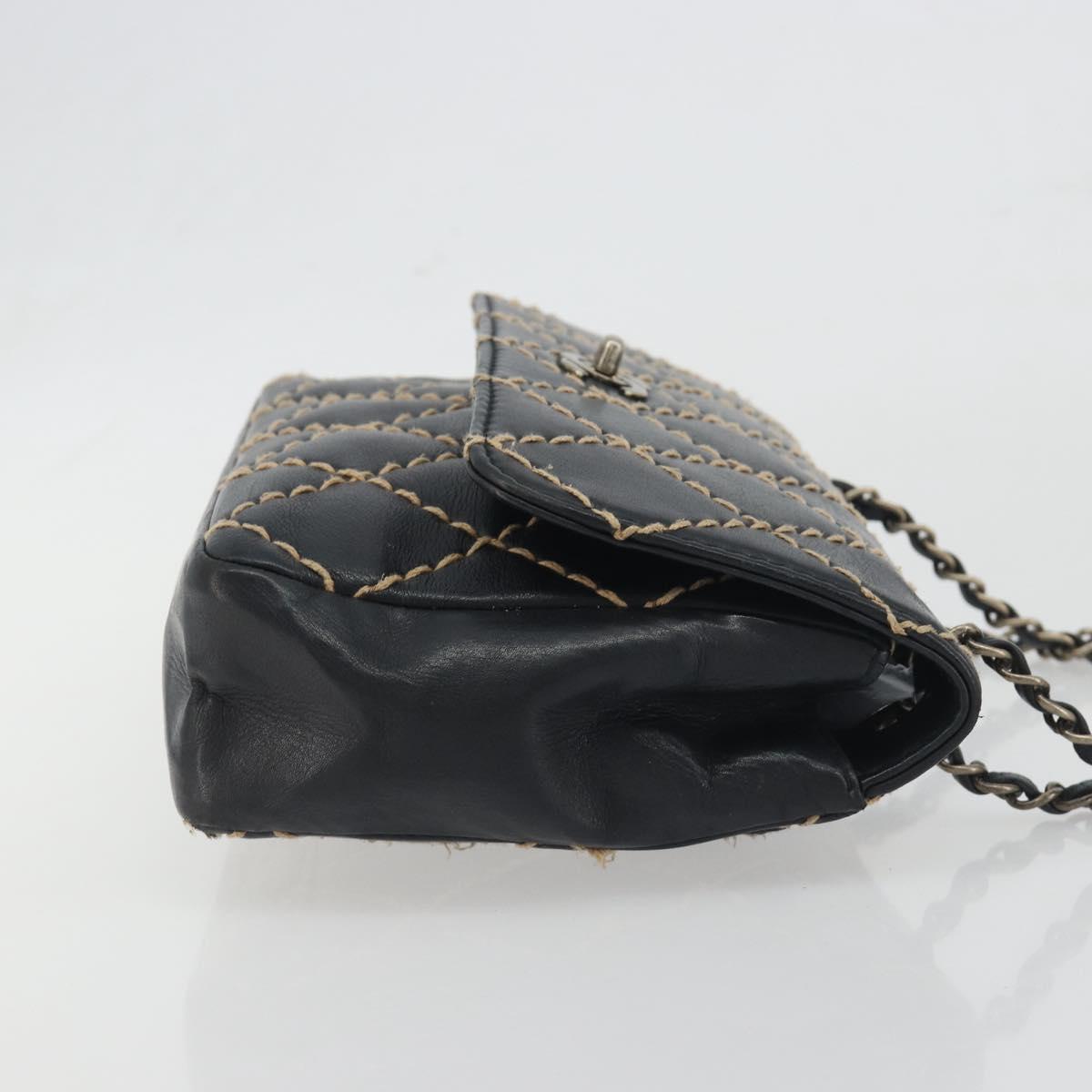 CHANEL Wild Stitch Chain Shoulder Bag Leather Black Gold CC Auth