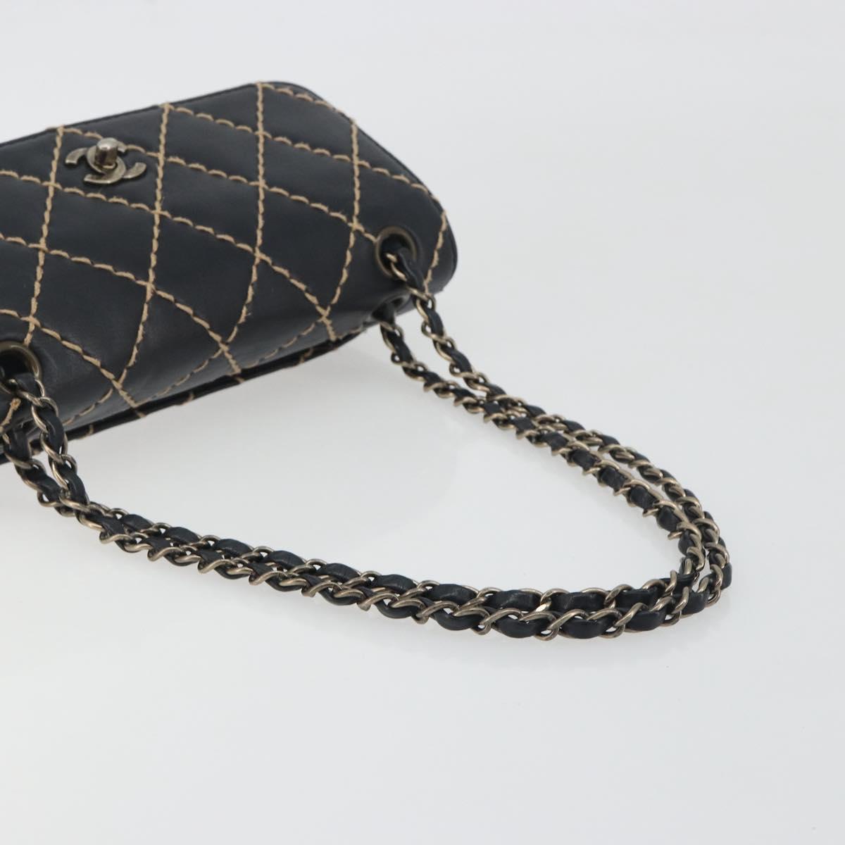 CHANEL Wild Stitch Chain Shoulder Bag Leather Black Gold CC Auth
