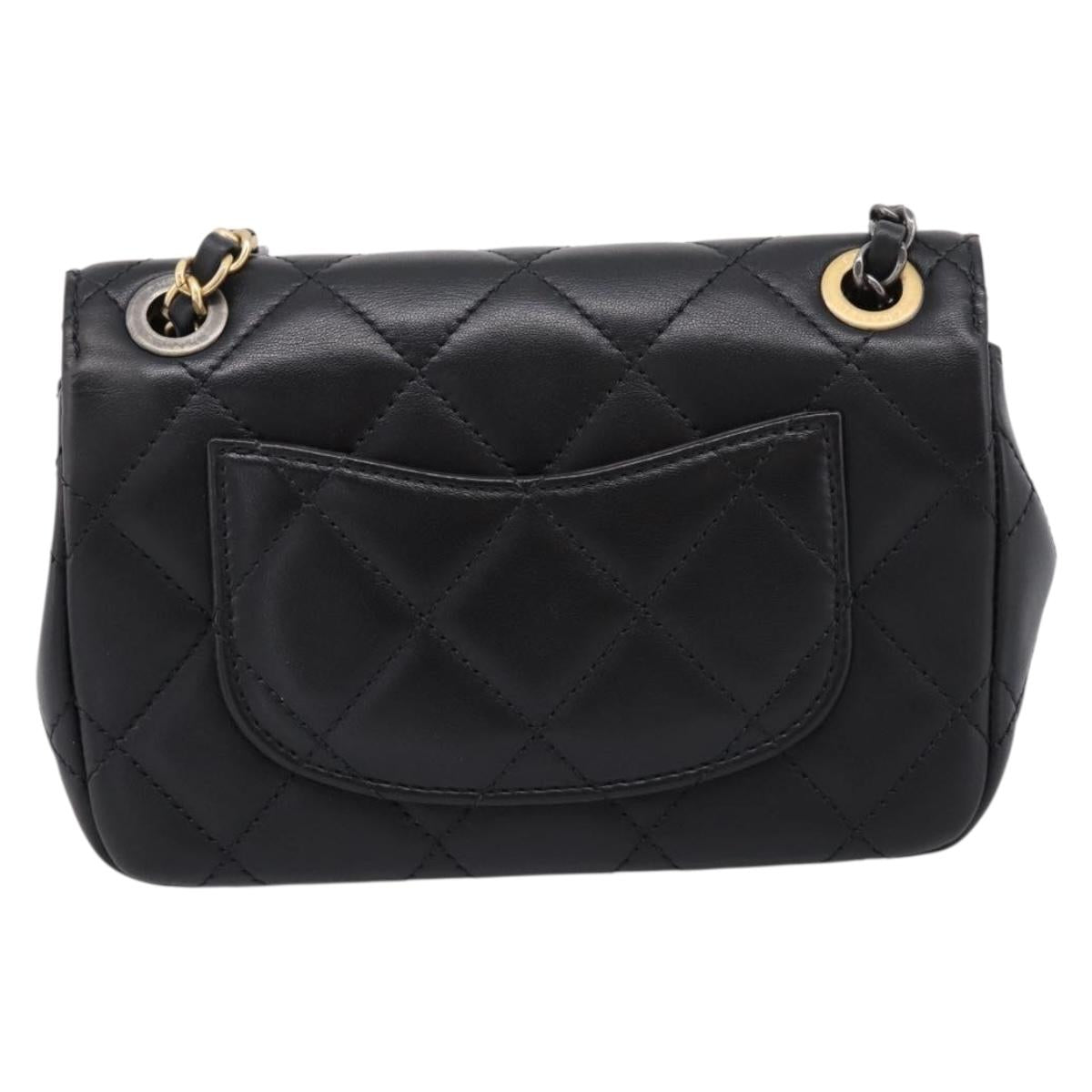 CHANEL Mini Matelasse Shoulder Bag Lamb Skin Black Gold Silver CC