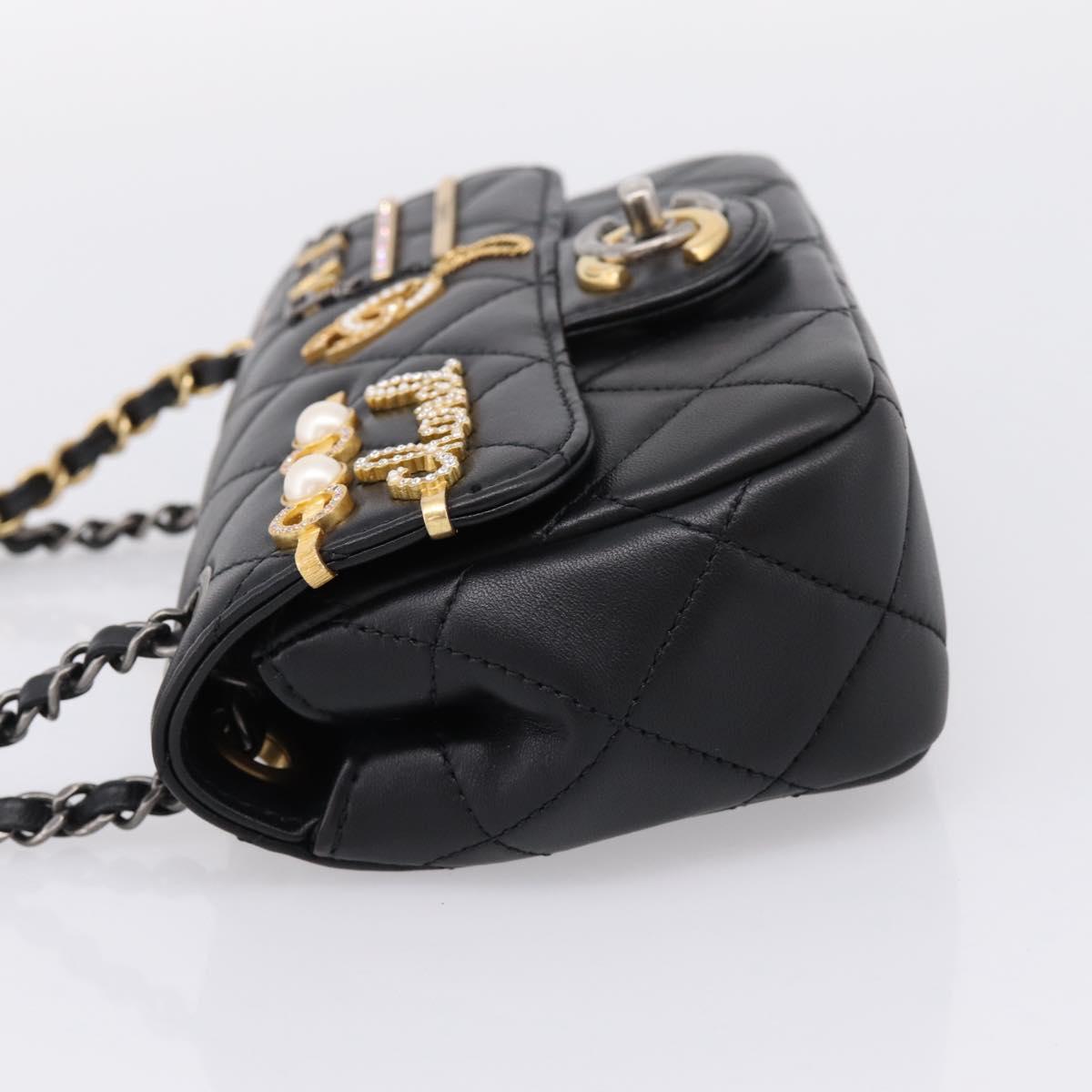 CHANEL Mini Matelasse Shoulder Bag Lamb Skin Black Gold Silver CC