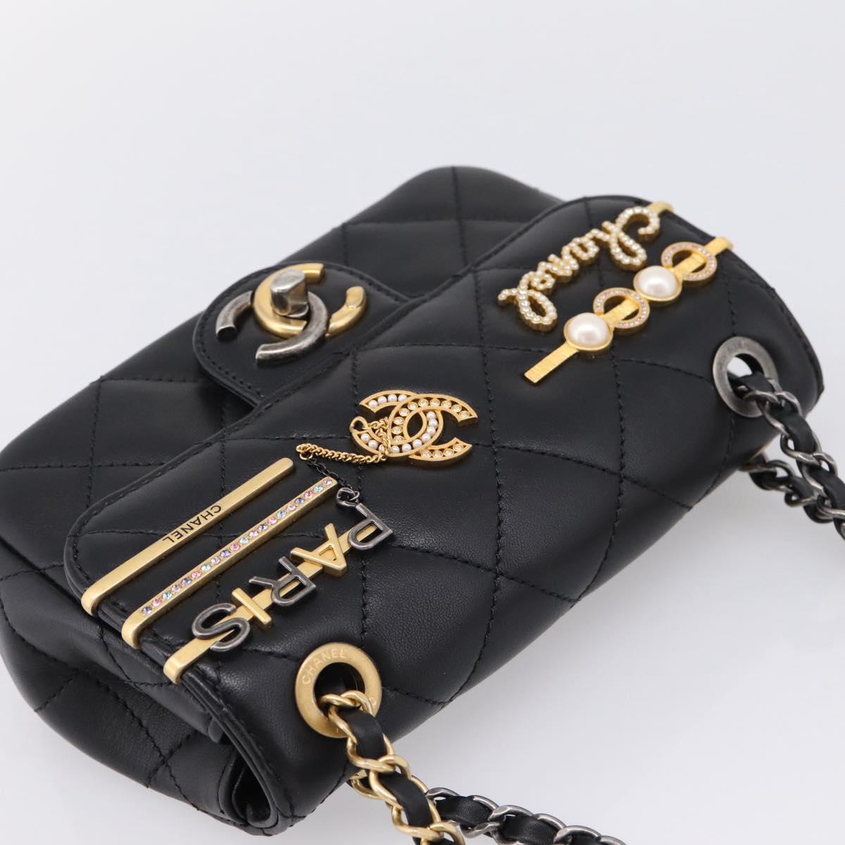 CHANEL Mini Matelasse Shoulder Bag Lamb Skin Black Gold Silver CC