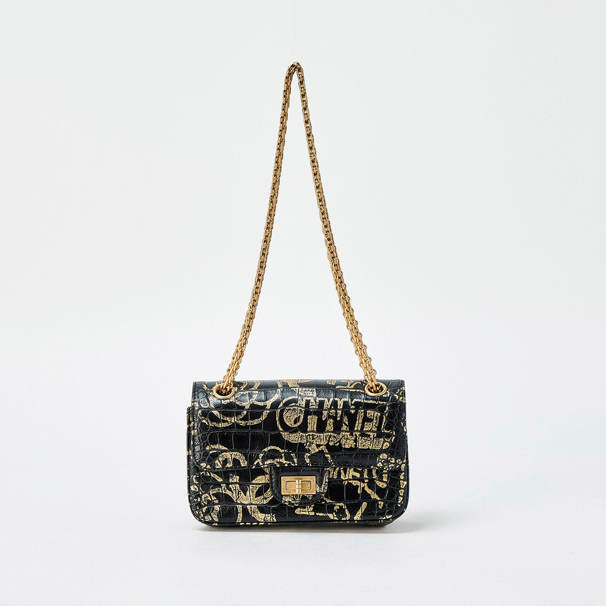 CHANEL 2.55 Graffiti 2019 Shoulder Bag Black Gold Gold Crocodile
