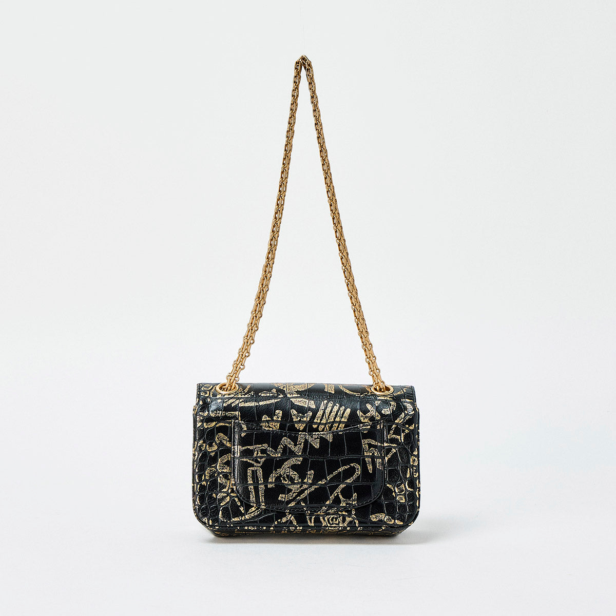 CHANEL 2.55 Graffiti 2019 Shoulder Bag Black Gold Gold Crocodile