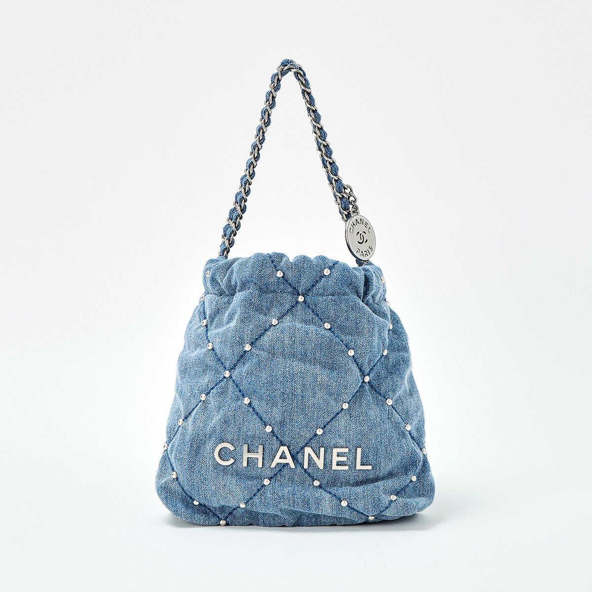 CHANEL Chanel 22 Mini 2021 Handbag Blue Silver Washed Denim Auth
