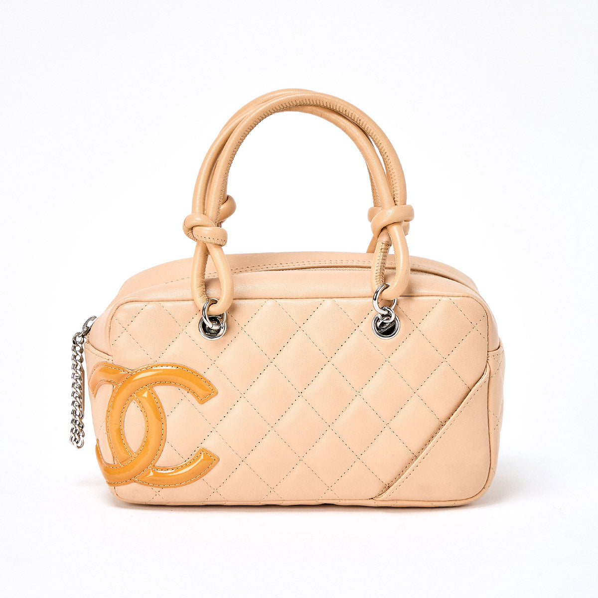 CHANEL Cambon Hand Bag Light Beige Yellow Silver Lamb Skin Auth