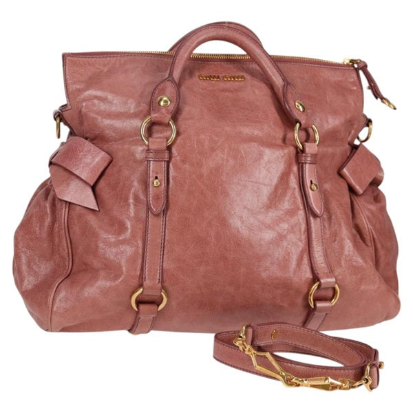 MIU MIU Side Ribbon Hand Bag Pink Gold Leather Auth – MixTHINKS