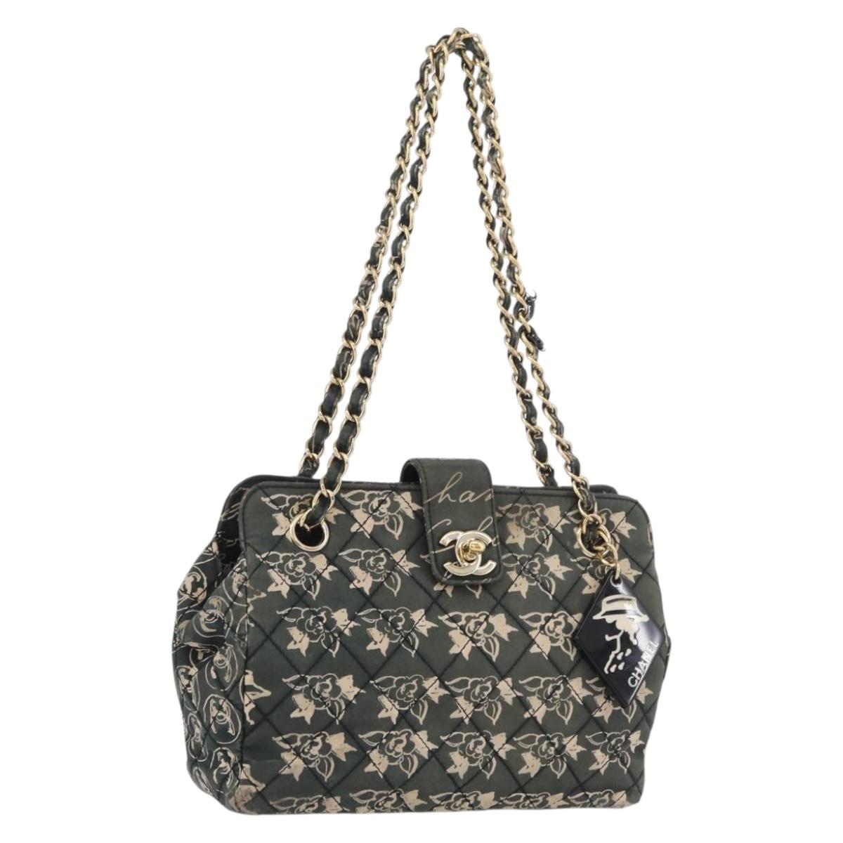 CHANEL Matelasse Chain Shoulder Bag Nylon Green Gold CC Auth