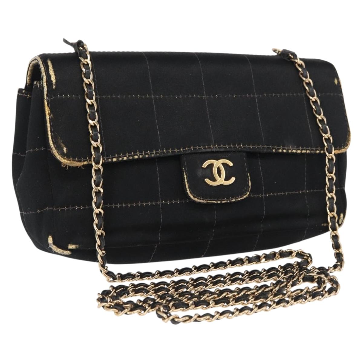 CHANEL Choco Bar Chain Shoulder Bag Satin Black Gold CC Auth