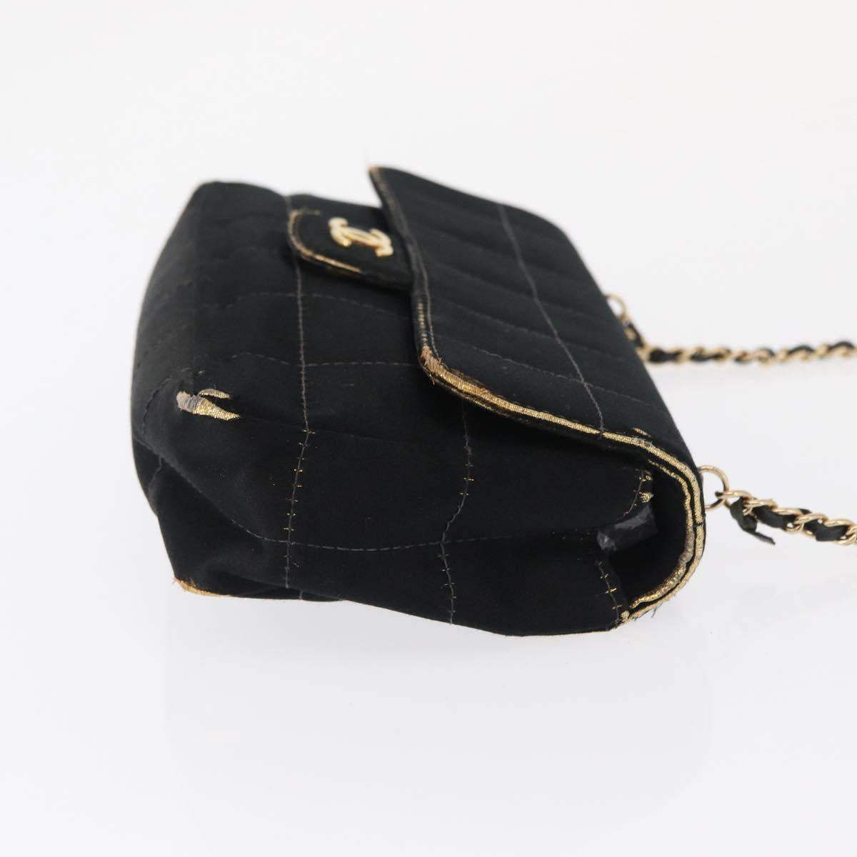 CHANEL Choco Bar Chain Shoulder Bag Satin Black Gold CC Auth