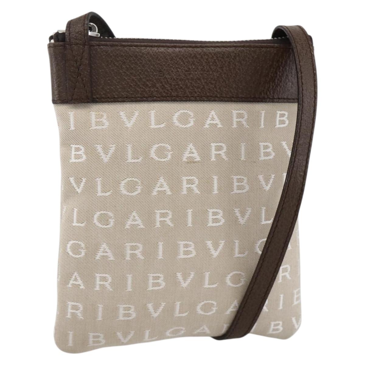BVLGARI Logo Mania Shoulder Bag Canvas Beige Silver Auth INZ044A