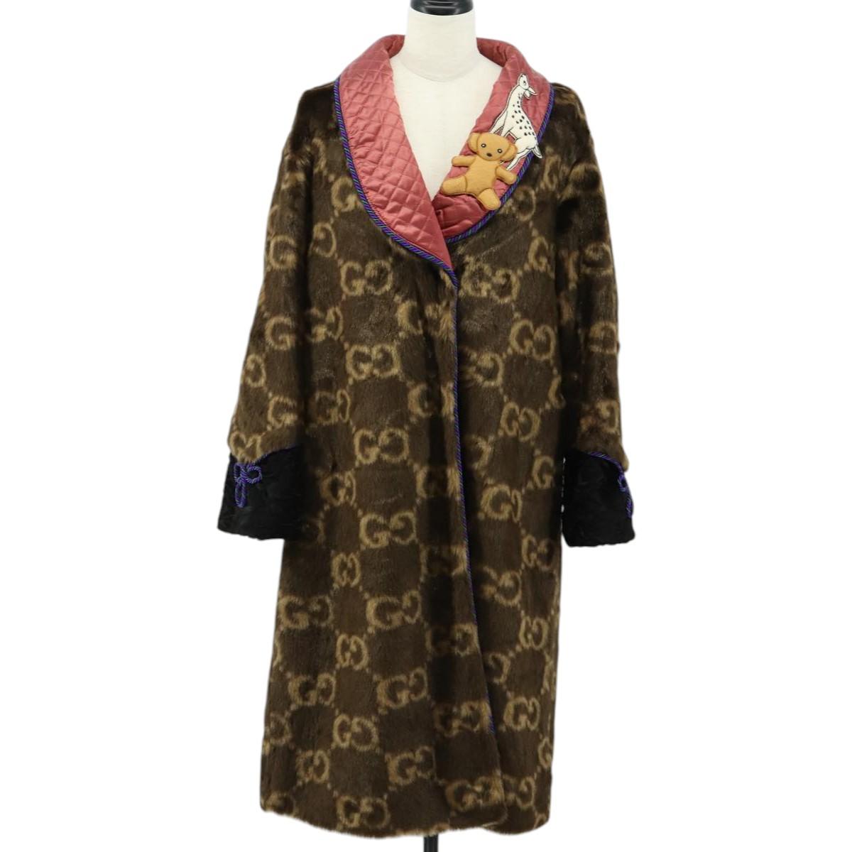 GUCCI GG Canvas Fur Coat Teddy Bear Applique Jacket Brown Auth