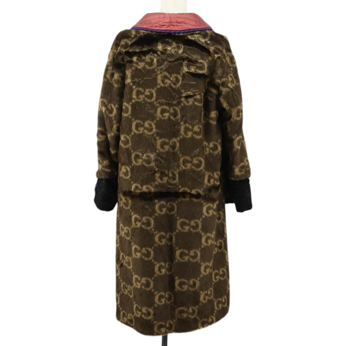 GUCCI GG Canvas Fur Coat Teddy Bear Applique Jacket Brown Auth